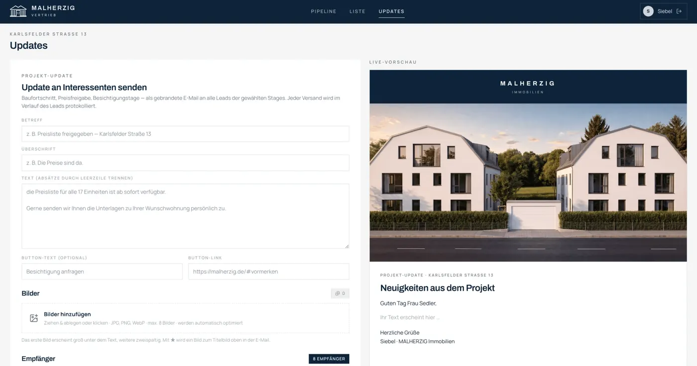 Vertriebs-CRM der MH Wohnen GmbH mit Pipeline und Interessenten-Updates