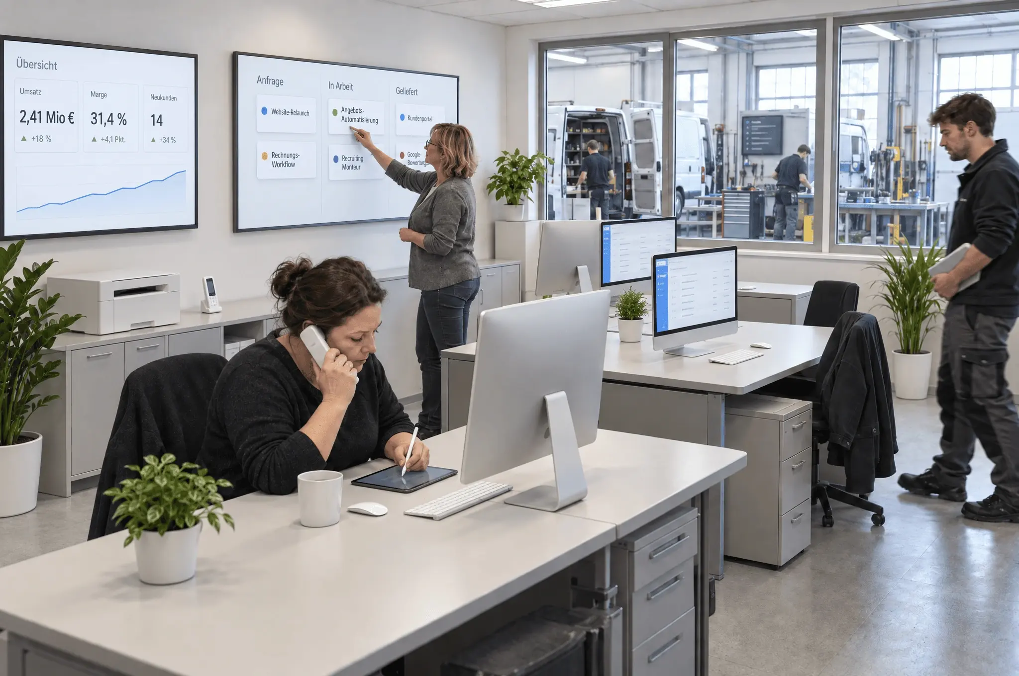 Dasselbe Büro mit digitalen Dashboards, modernen Rechnern und aufgeräumten Arbeitsplätzen