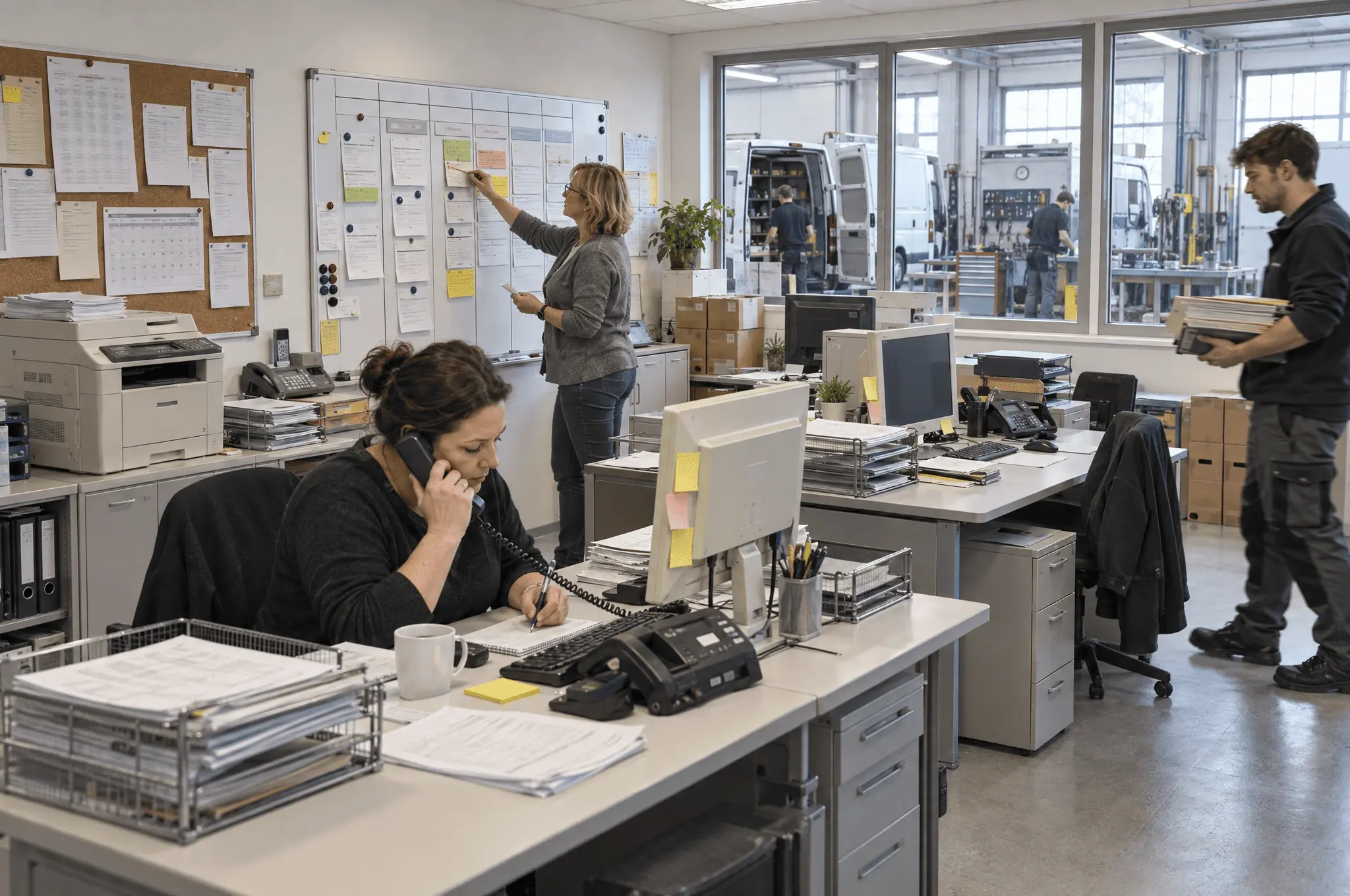 Büro eines mittelständischen Unternehmens mit Papierablagen, Pinnwand und alten Computern